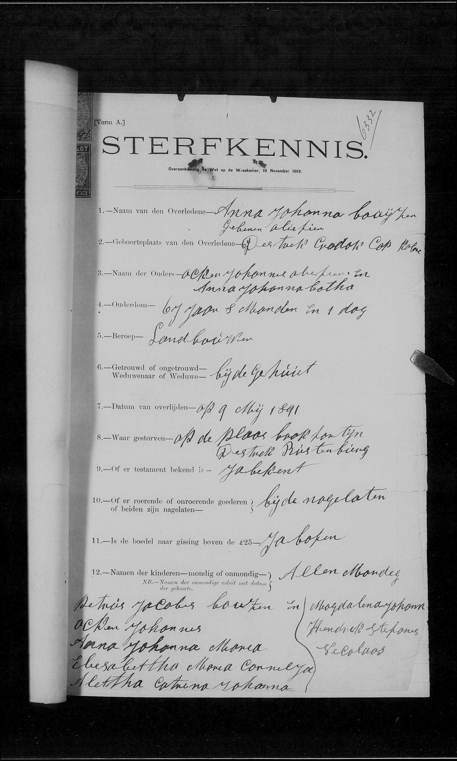 Sterfkennis 6332, 1891: Anna Johanna Booijzen, born Olivier, of Brakfontein, district Rustenburg.