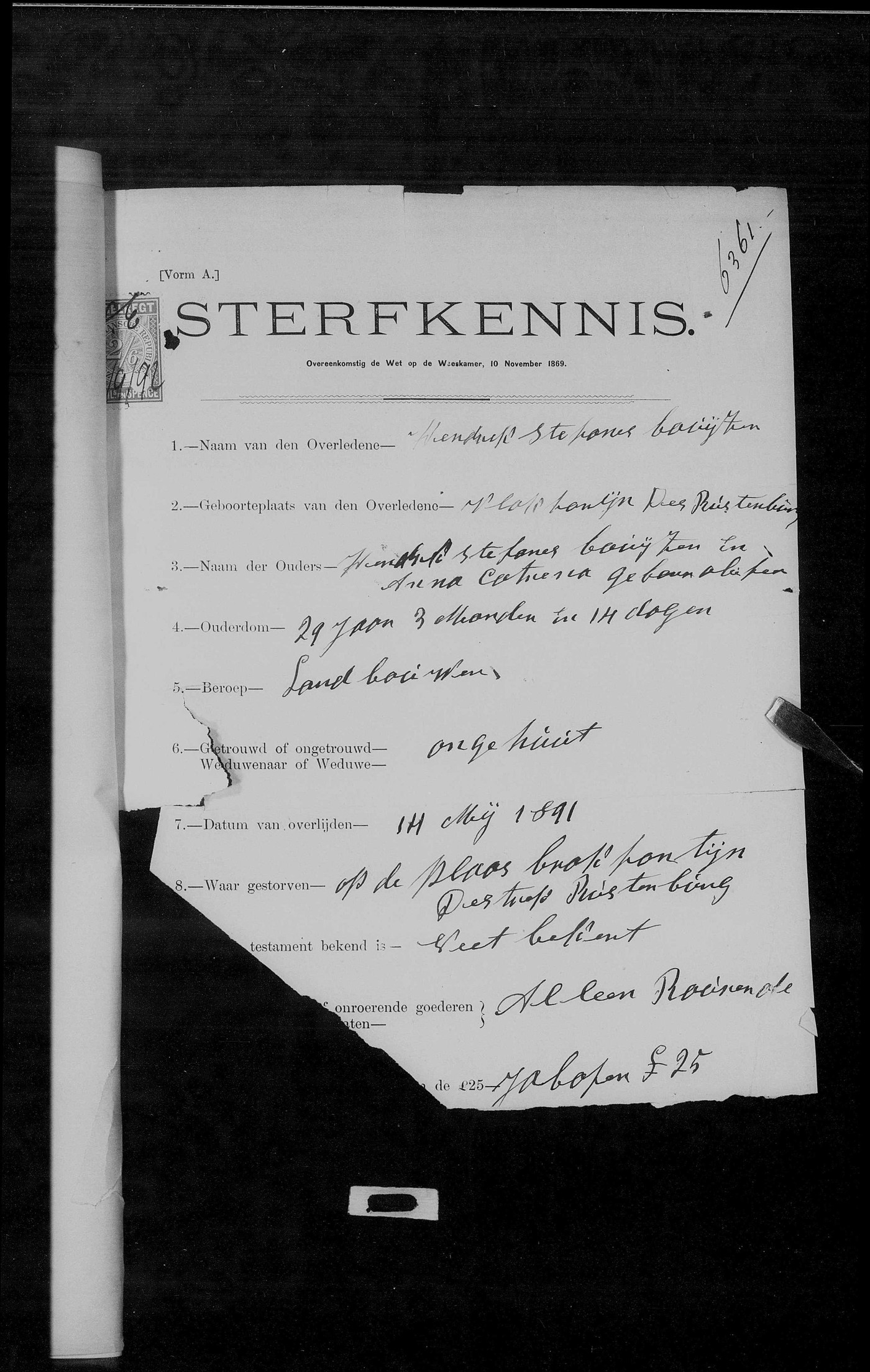 Sterfkennis 6361, 1891: Hendrick Stefanus Booijsen, 29, of Brakfontein, district Rustenburg.