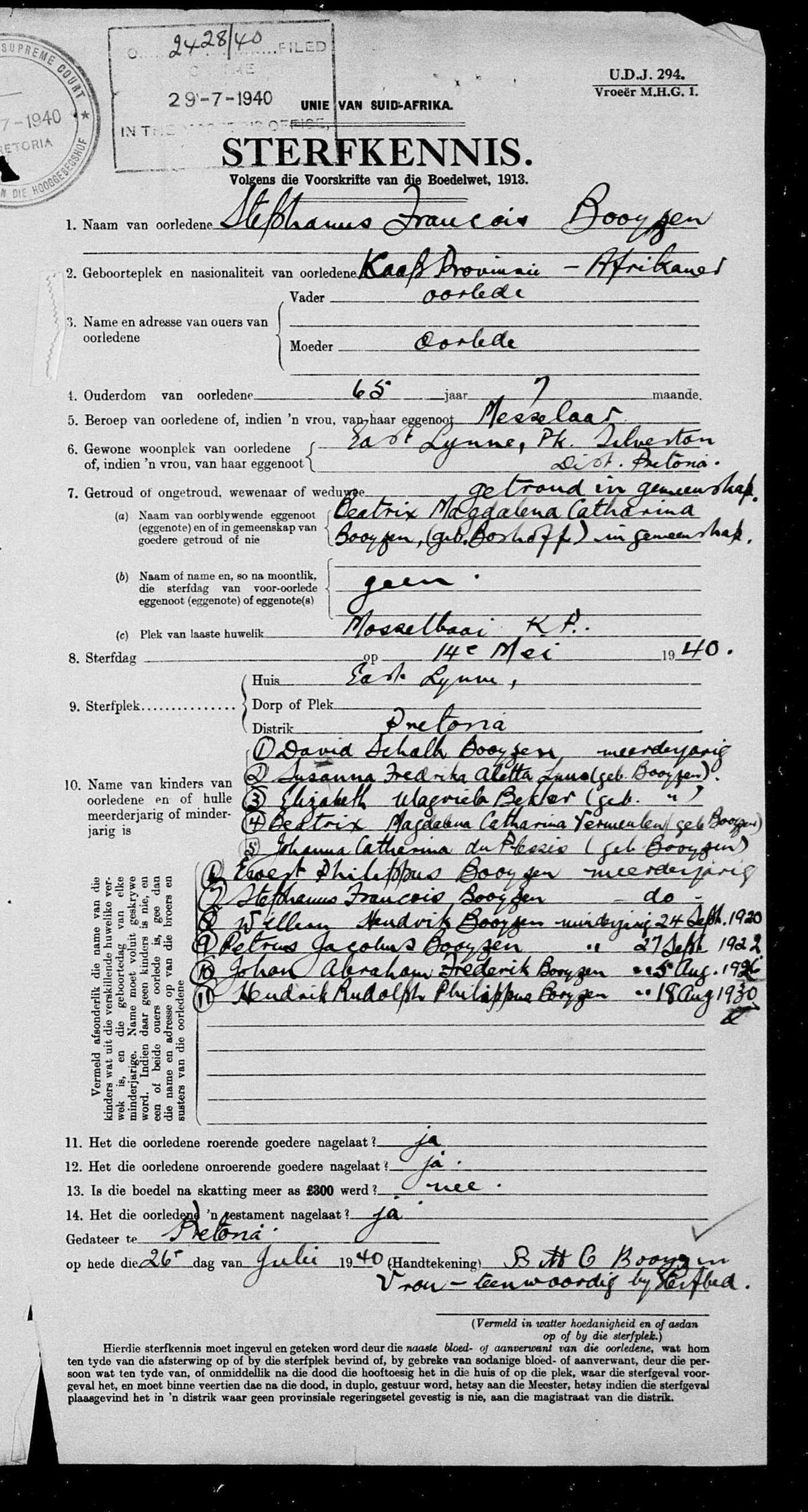 1940 Sterfkennis for Stephanus Francois Booyzen, estate 2428/40, Pretoria.