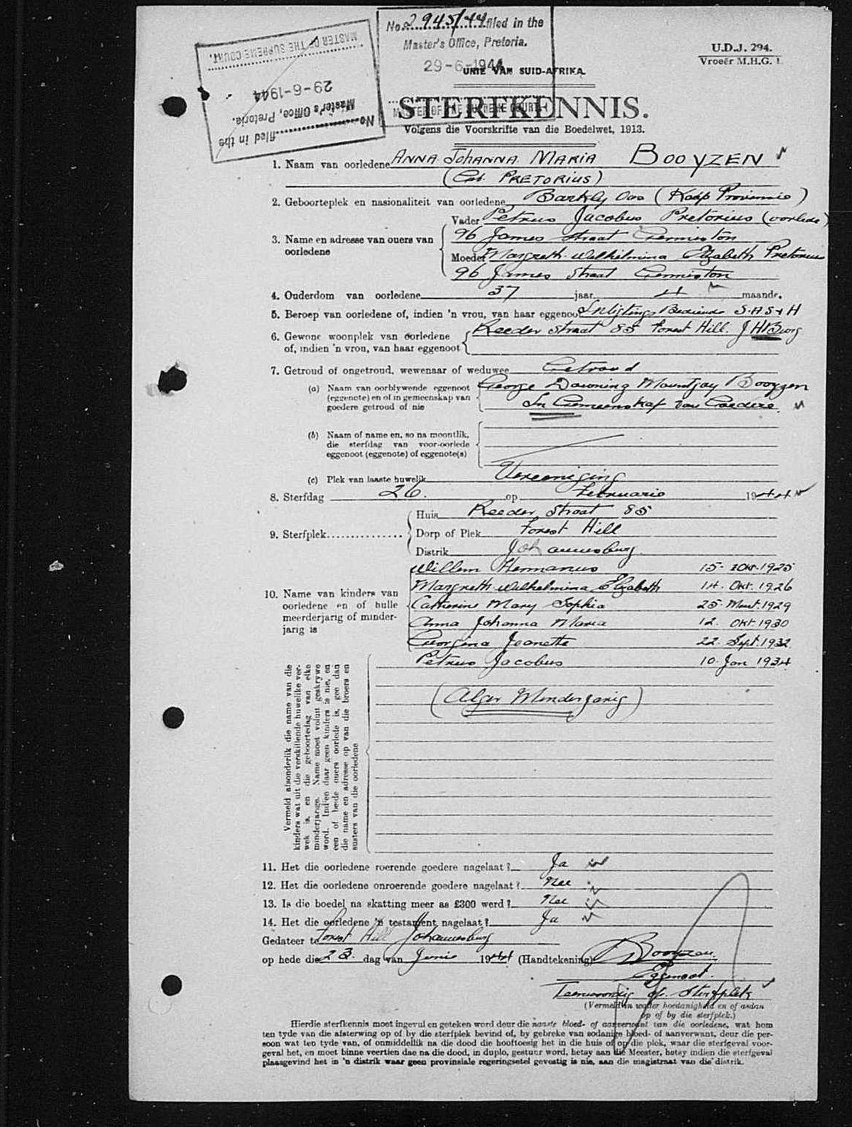 1944 Sterfkennis for Anna Johanna Maria Booyzen born Pretorius, estate 2945/44.