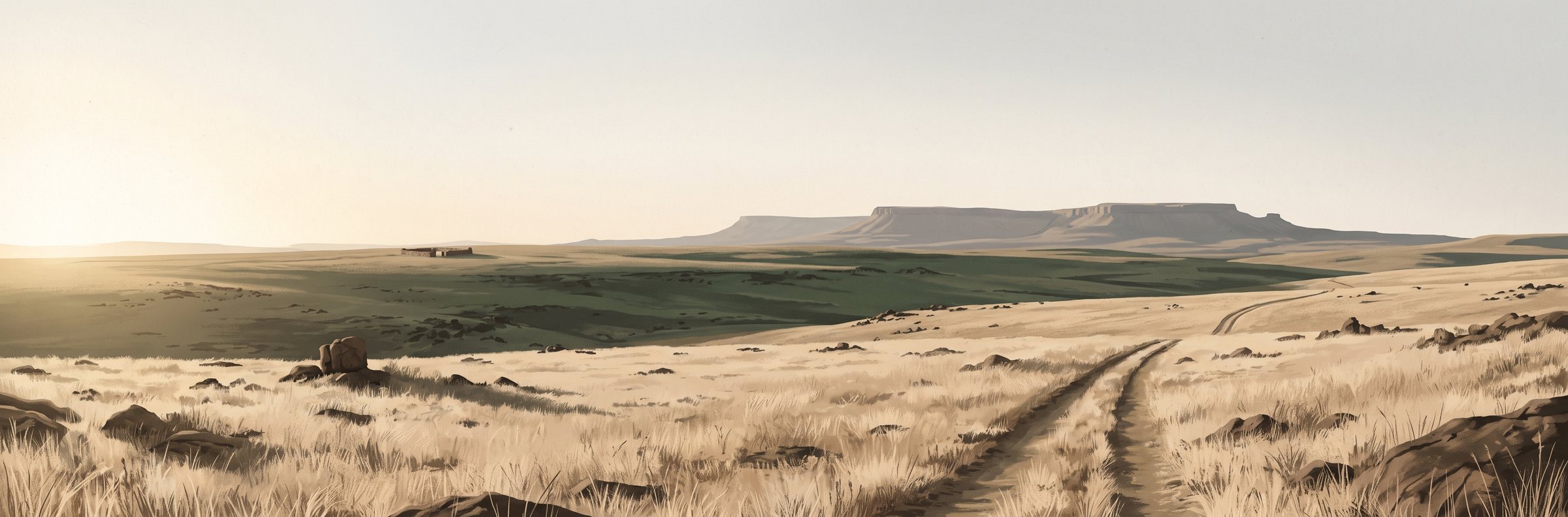 Winter veld of the north-eastern Cape at first light, a farm track running towards a flat-topped escarpment, a single small stone-walled kraal in the middle distance.