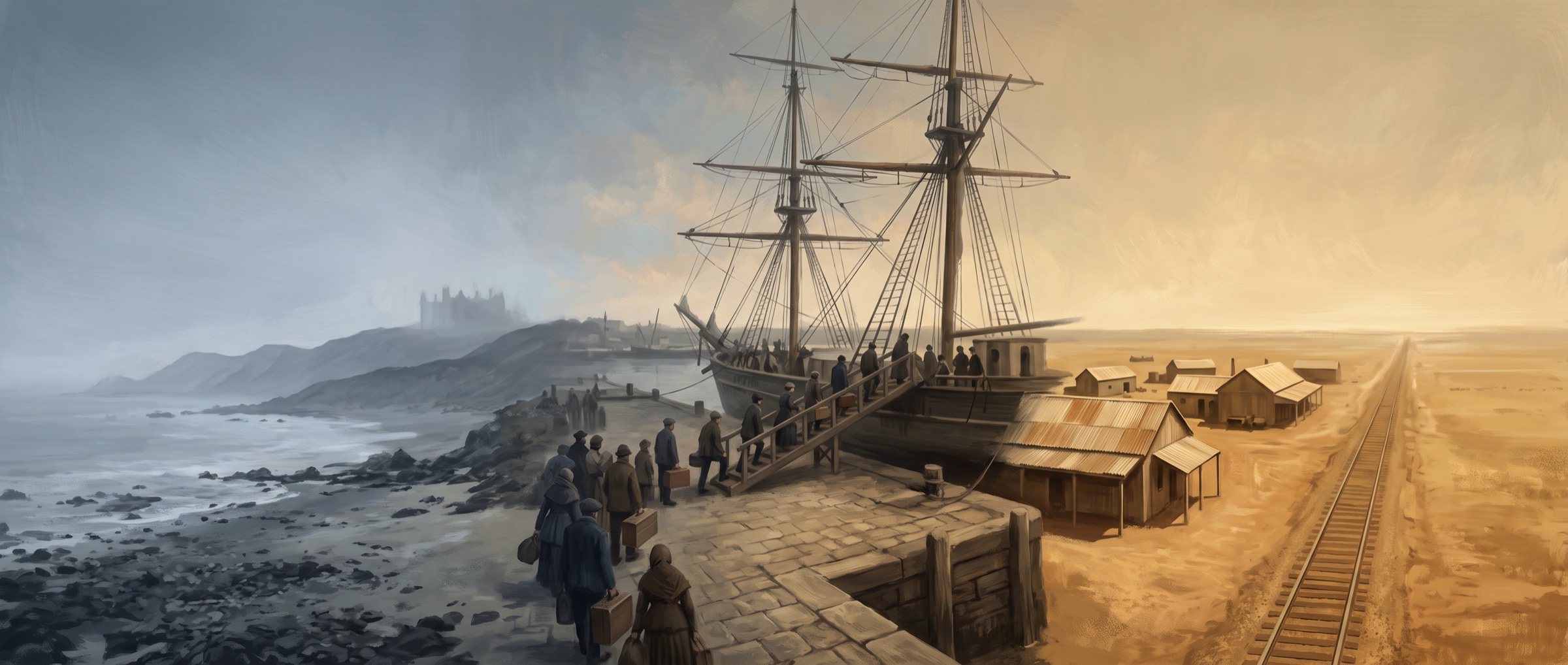A wide painted panorama in three parts under one horizon. On the left, a cold grey
           English shore of black rocks and surf, with the faint silhouette of a great house on a
           misty hill far inland. In the centre, a stone quay where a three-masted sailing ship
           is loading: small figures in coats and shawls carry cases up a gangway, their faces
           turned away. On the right the light turns to hot gold over a flat plain of
           corrugated-iron roofs, with a single railway line running to a shimmering horizon.