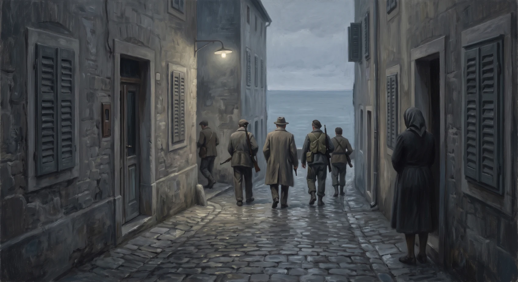 A constructed illustration: a narrow stone lane in an Adriatic coastal town at dusk, wet cobbles, shuttered windows, one lamp burning. Four armed men in mixed civilian and military dress walk a middle-aged man in a long coat and hat away up the lane, all seen from behind. A woman in a headscarf stands in a doorway to the right, her back to the viewer. The sea lies grey at the end of the lane.