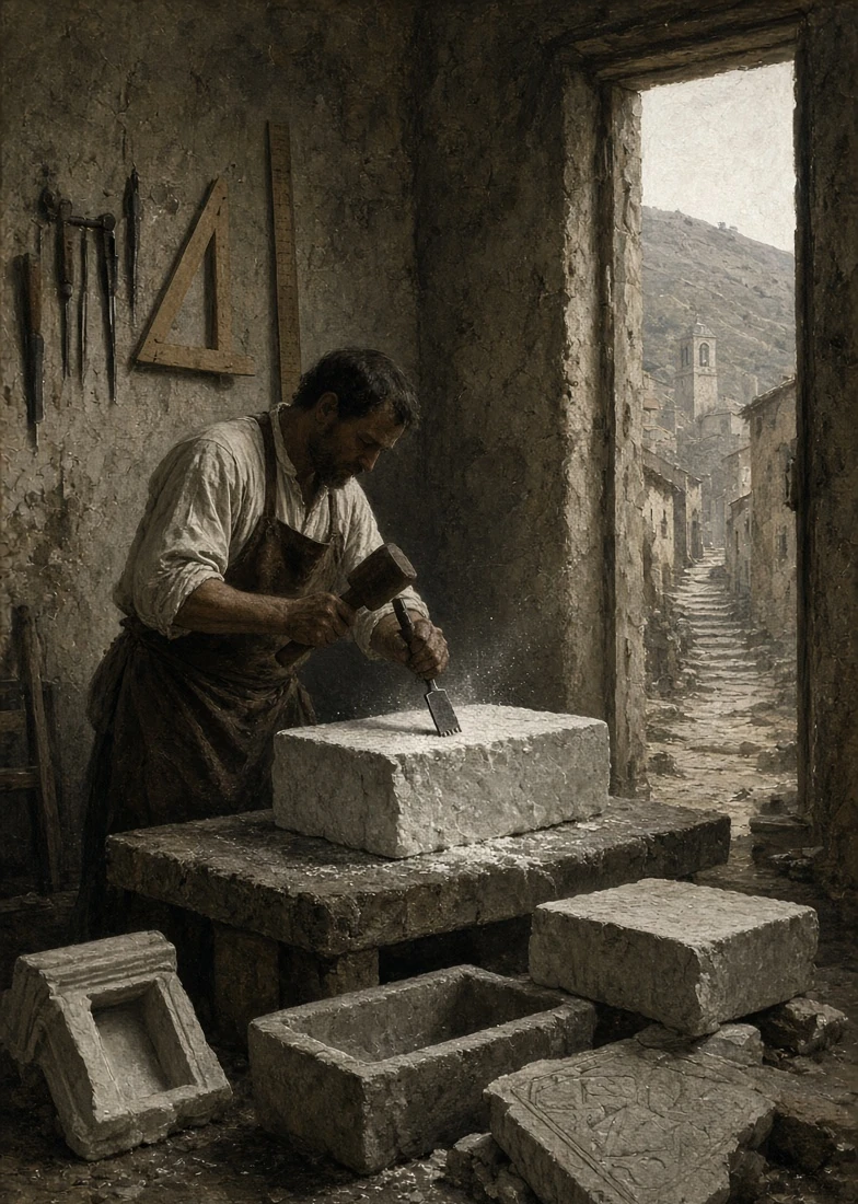 A constructed illustration: a stonecutter in shirtsleeves and a leather apron working a block of white limestone with a mallet and a toothed chisel in a bare workshop; stone dust in the light; points, claws, a wooden square and a straight-edge on the wall; a trough, a kerbstone and a carved slab on the floor; through the open door a stepped village lane and a campanile.