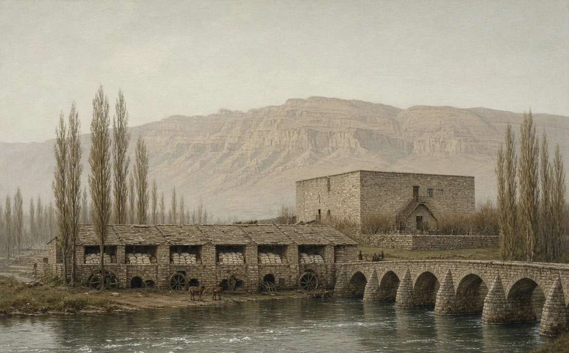 A constructed illustration: a long row of stone watermills with arched tailraces and paddle wheels along a clear river in a bare karst plain, sacks of grain stacked under low stone-slab roofs, mules on the bank, a many-arched stone causeway crossing the river beside them, poplars along the banks, a plain stone manor house with a walled garden behind, and a hot bare mountain wall in the distance.