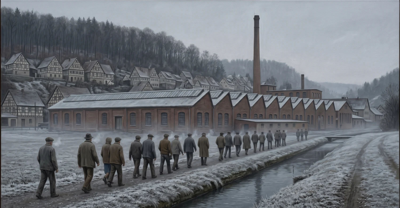 A constructed illustration: a long range of red-brick weaving sheds with sawtooth north-light roofs and a tall chimney in a narrow Swabian valley, half-timbered houses on the wooded slope behind, frost on the ground, and a line of men in worn civilian clothes walking to the shift along a cinder path beside a canalised stream, all seen from behind.