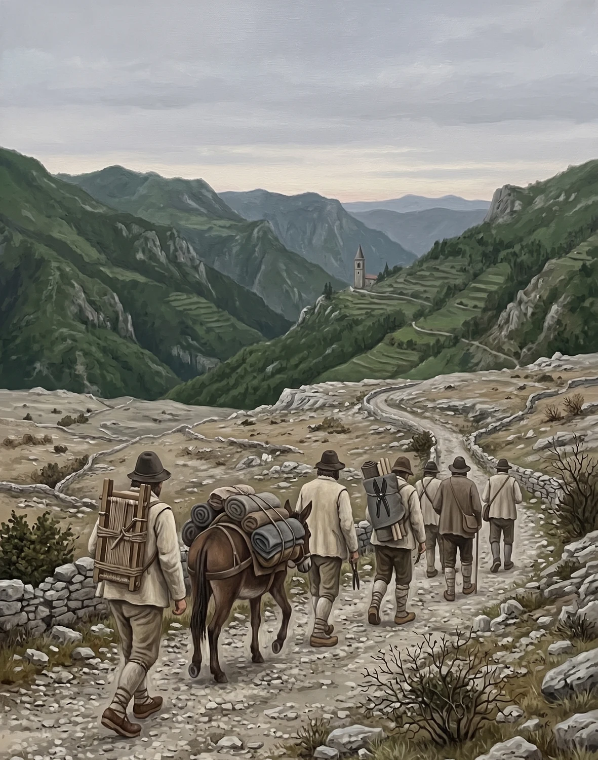 A constructed illustration: six or seven men in coarse seventeenth-century peasant dress walking away down a stony track out of green alpine valleys onto bare white karst, one carrying a loom frame on his back, another shears and rolled cloth, a laden mule among them; a stone campanile far behind in the valley.