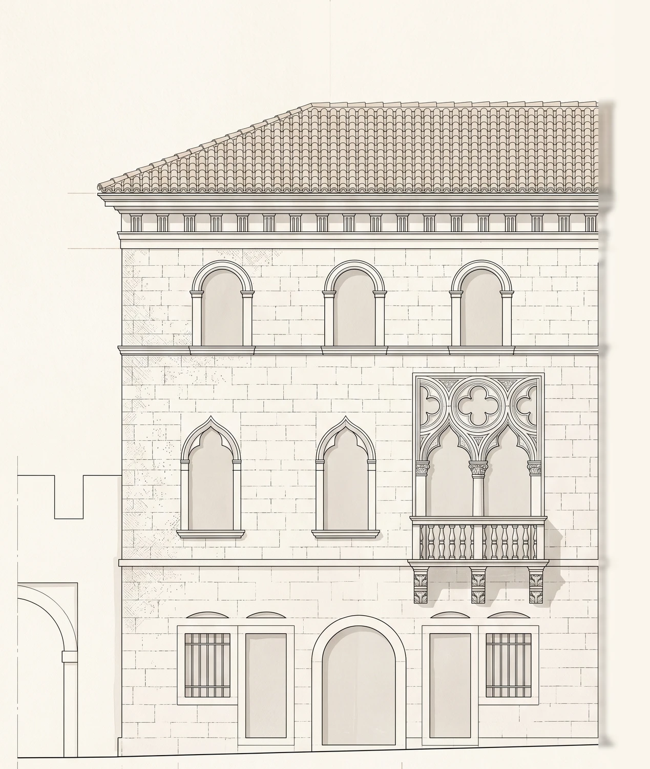 A constructed architectural elevation of the Salamon palace at Gračišće: a stone façade of three levels beside the outline of a fortified town gate; on the first floor a Venetian Gothic double-lancet window with a quatrefoil above and a balustraded balcony on carved corbels, flanked by two single ogee lancets; above them three round-arched windows under a band of dentil ornament; below, an arched doorway between barred openings.