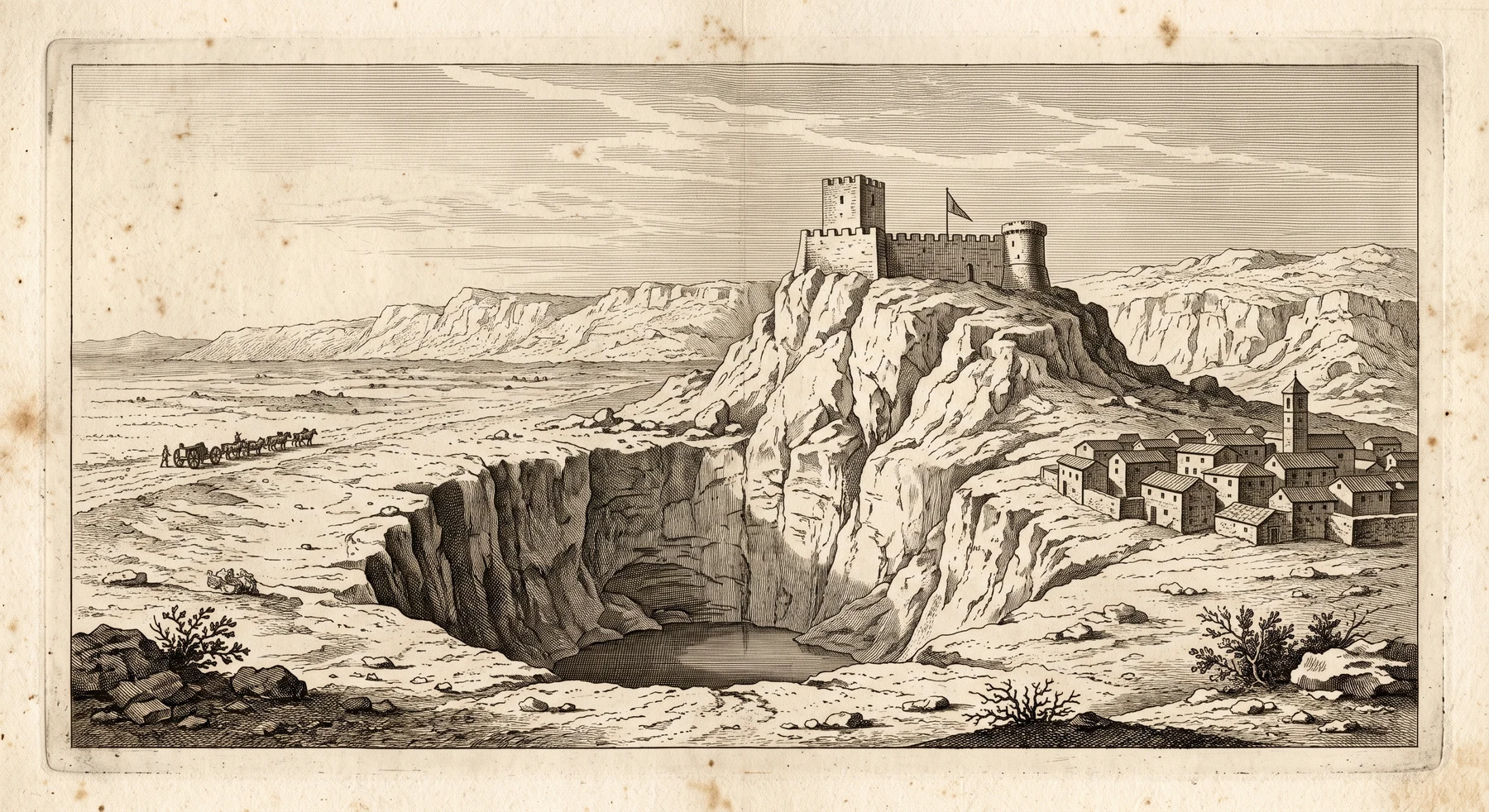 A constructed engraving-style illustration of Imotski in 1717: a fortress with a square keep, crenellated wall and round tower standing on a bare limestone crag with a banner flying; below it a deep karst sinkhole with sheer hatched walls and a small dark lake at the bottom; a stone town with a campanile to the right; and a column of horse-drawn artillery far off on the plain to the left.