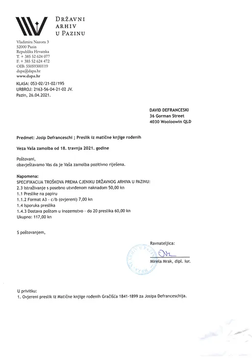 Državni arhiv u Pazinu to David Defranceski, 26 April 2021