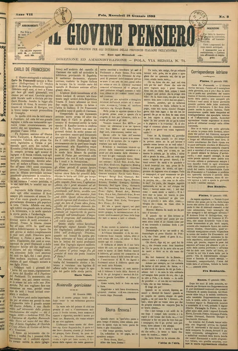 Il giovine Pensiero, 18 January 1893, front page