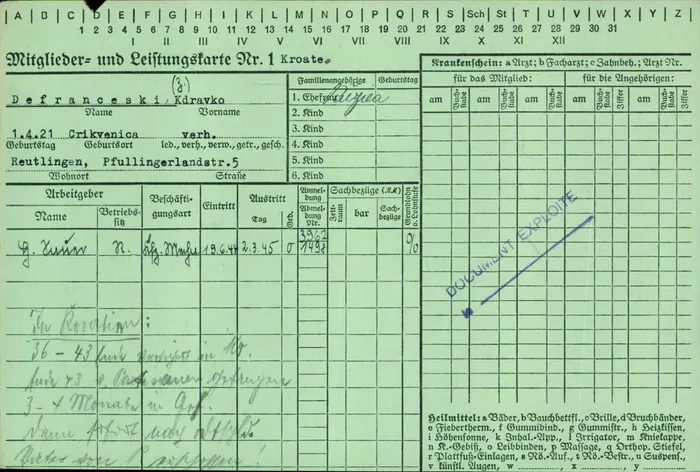 Zdravko Defranceski — sickness-fund card