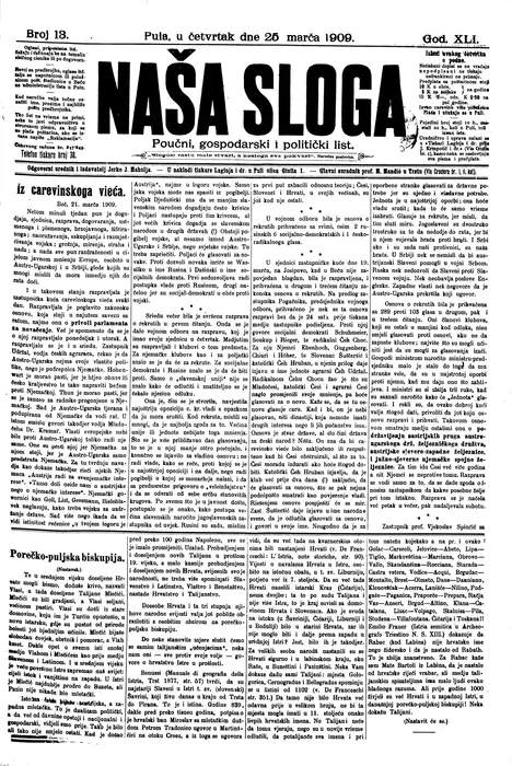 Nasa Sloga, 25 March 1909, front page