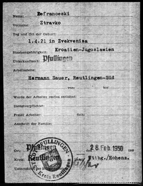 Zdravko's Reutlingen certificate, 1950