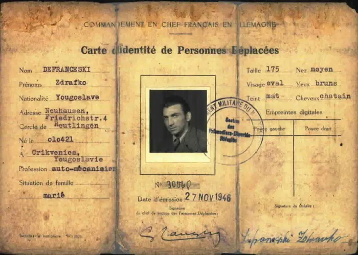 Zdravko's displaced-person identity card