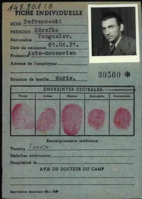 Zdravko's fiche individuelle, with his photograph