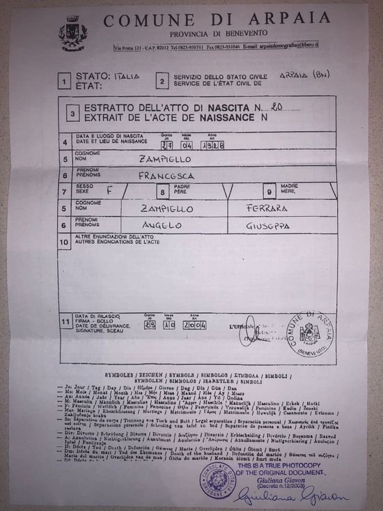 Birth extract of Francesca Zampiello, Arpaia