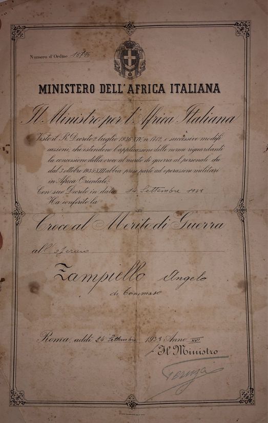 Croce al Merito di Guerra — Angelo Zampiello, 1938