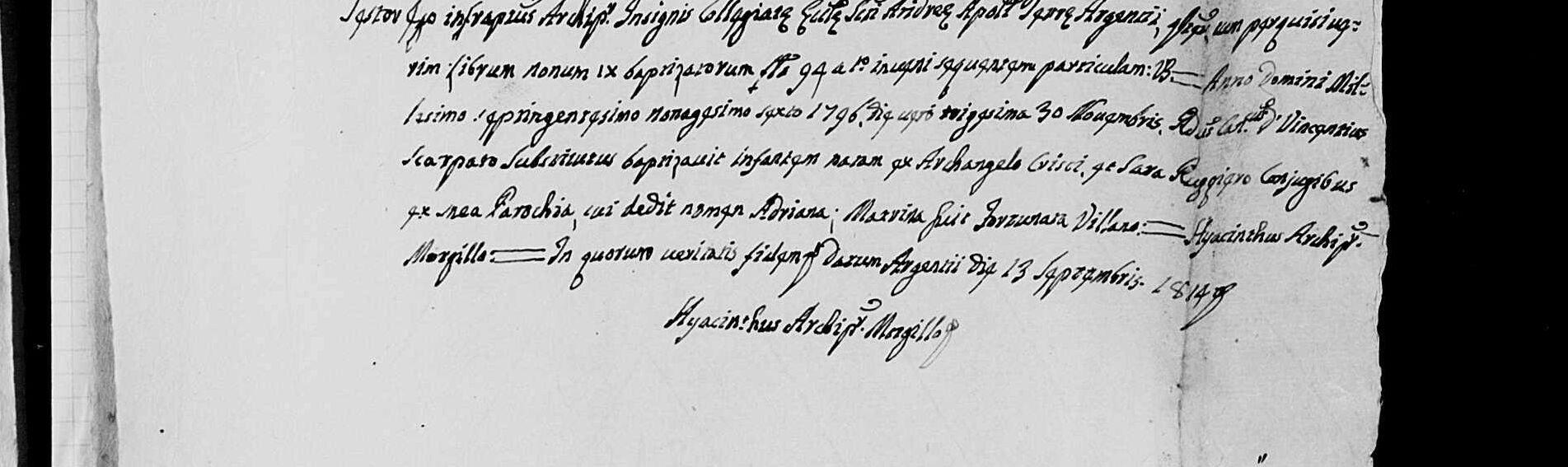 The baptism of Adriana Crisci, 30 November 1796