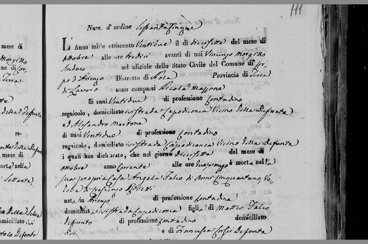 Angela Falco, 17 October 1822 — a daughter of Matteo Falco and Francesca Crisci