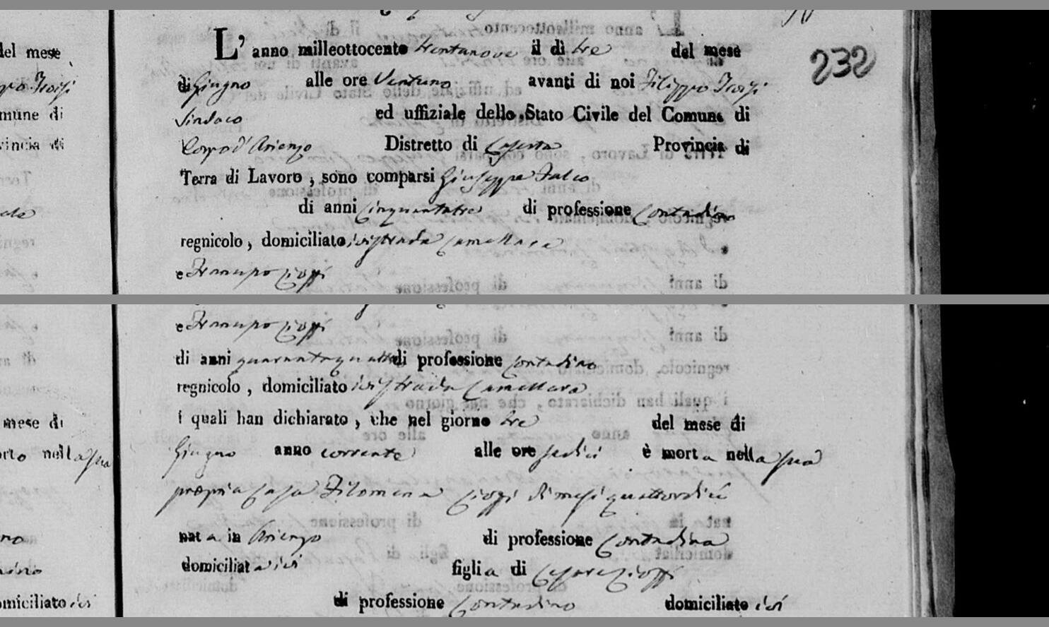 «sono comparsi GIUSEPPE FALCO, di anni cinquantatré, di professione CONTADINO, strada CAMELLARA» — 6 June 1839