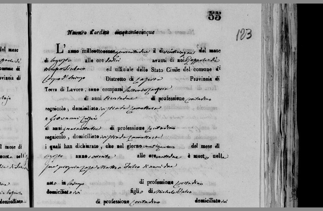 «MATTEO FALCO d'anni due, figlio di MICHELE FALCO e di ANTONIA MIGLIORE» — 24 August 1842