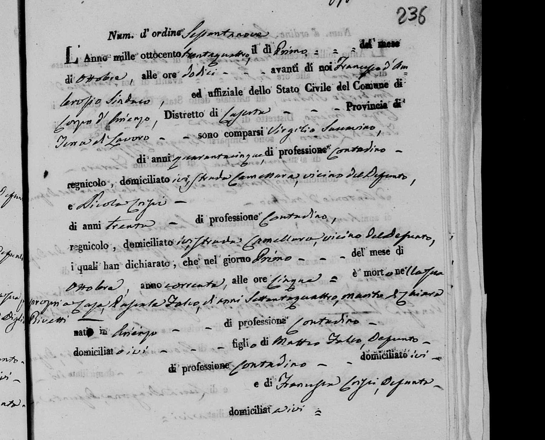 Arienzo civil death register 1834, act 69 — the death of Pasquale Falco