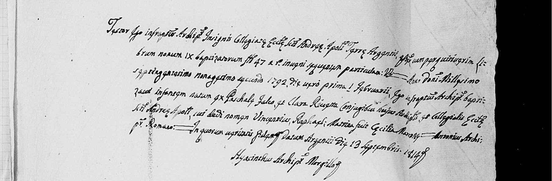 The baptism of Vincenzo Falco, 1 February 1792