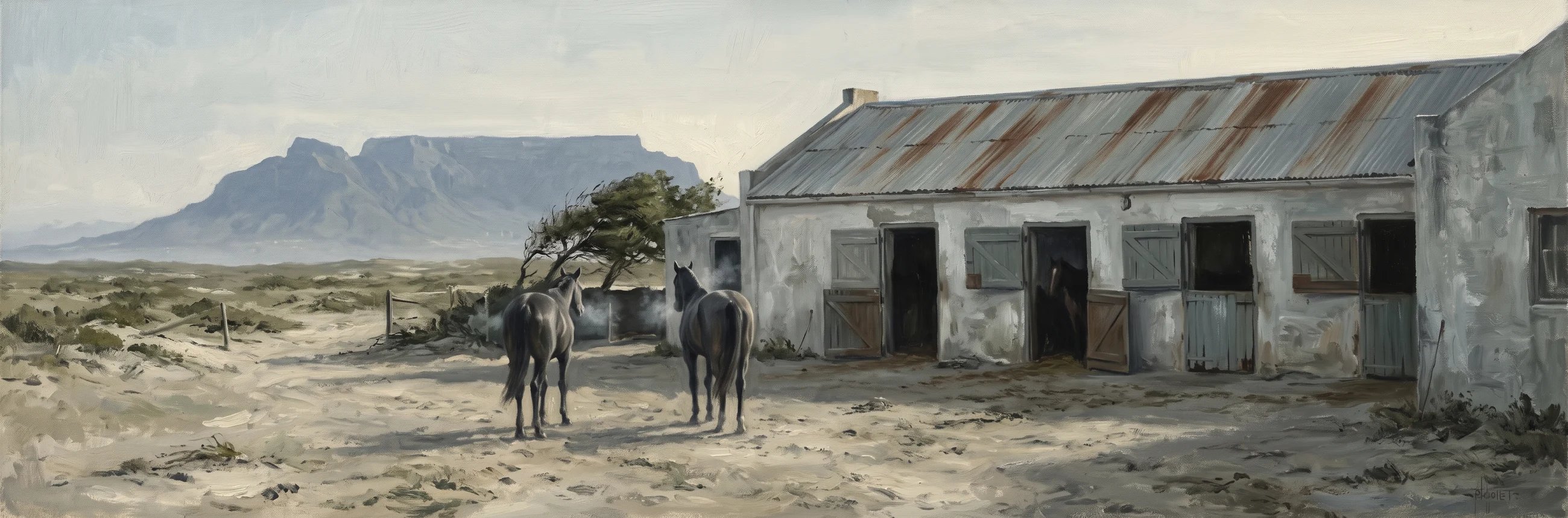 A painted impression of a stable yard on the sand flats north of Cape Town, Table Mountain in the distance, two horses standing in the open.