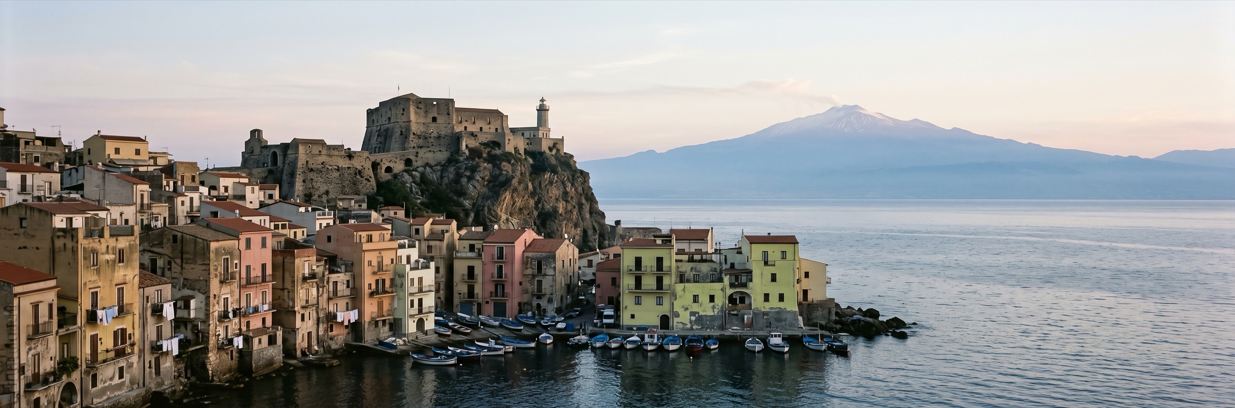 Scilla on the Strait of Messina at dawn, with Etna across the water