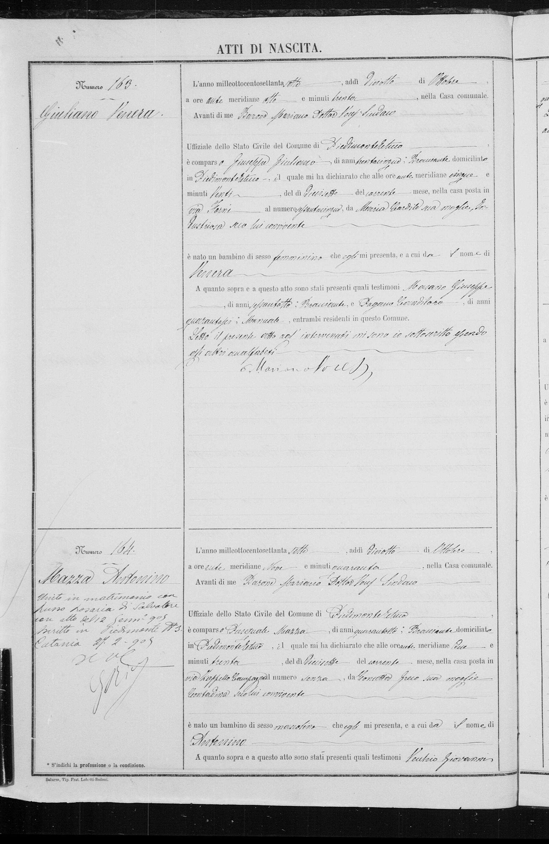 Act 164, 1877 — the birth of Antonino Mazza to Pasquale Mazza, 48, and Concetta Greco, of via Cappello Campagna