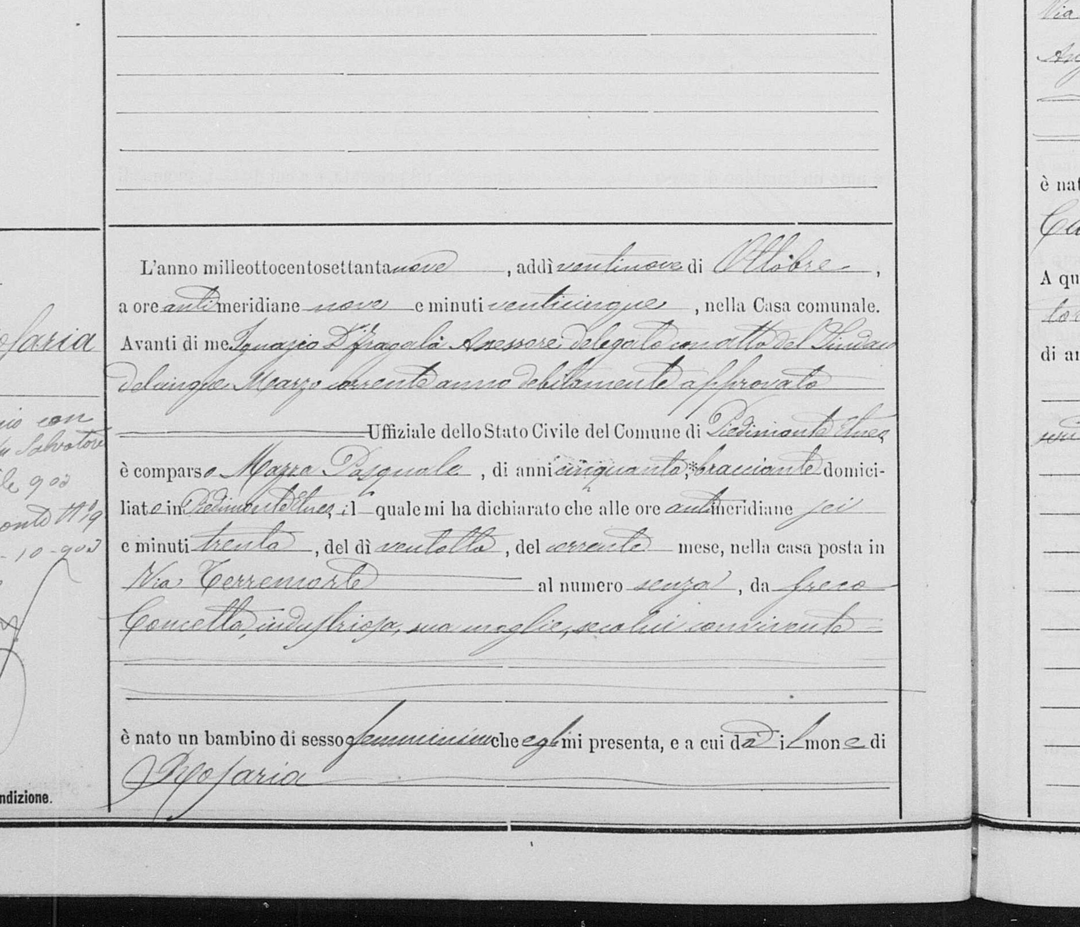 Act 167, 1879 — the birth of Rosaria Mazza, Via Terremorte