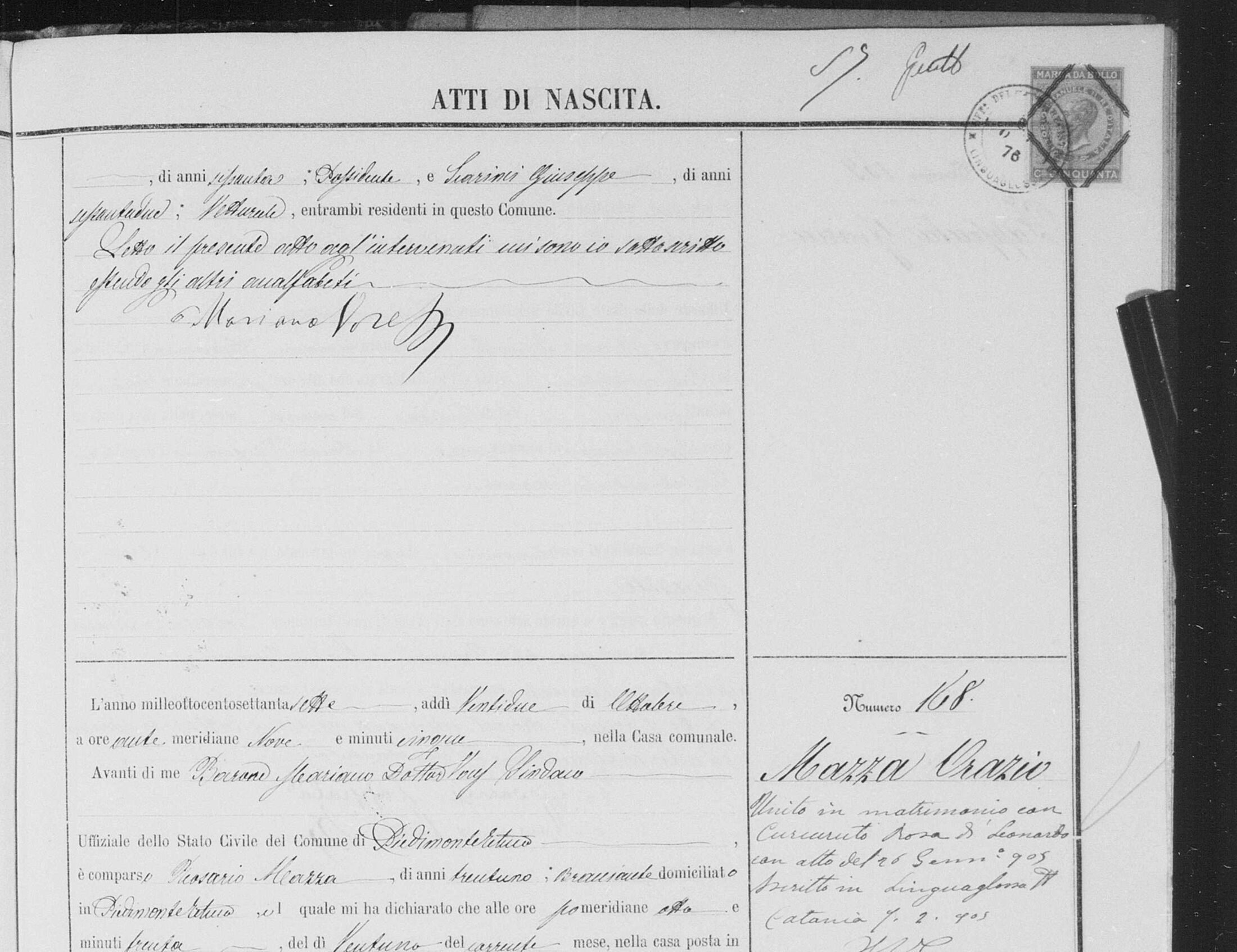 Act 168, 1877 — the birth of Orazio Mazza to Rosario Mazza, 31, and Leonarda