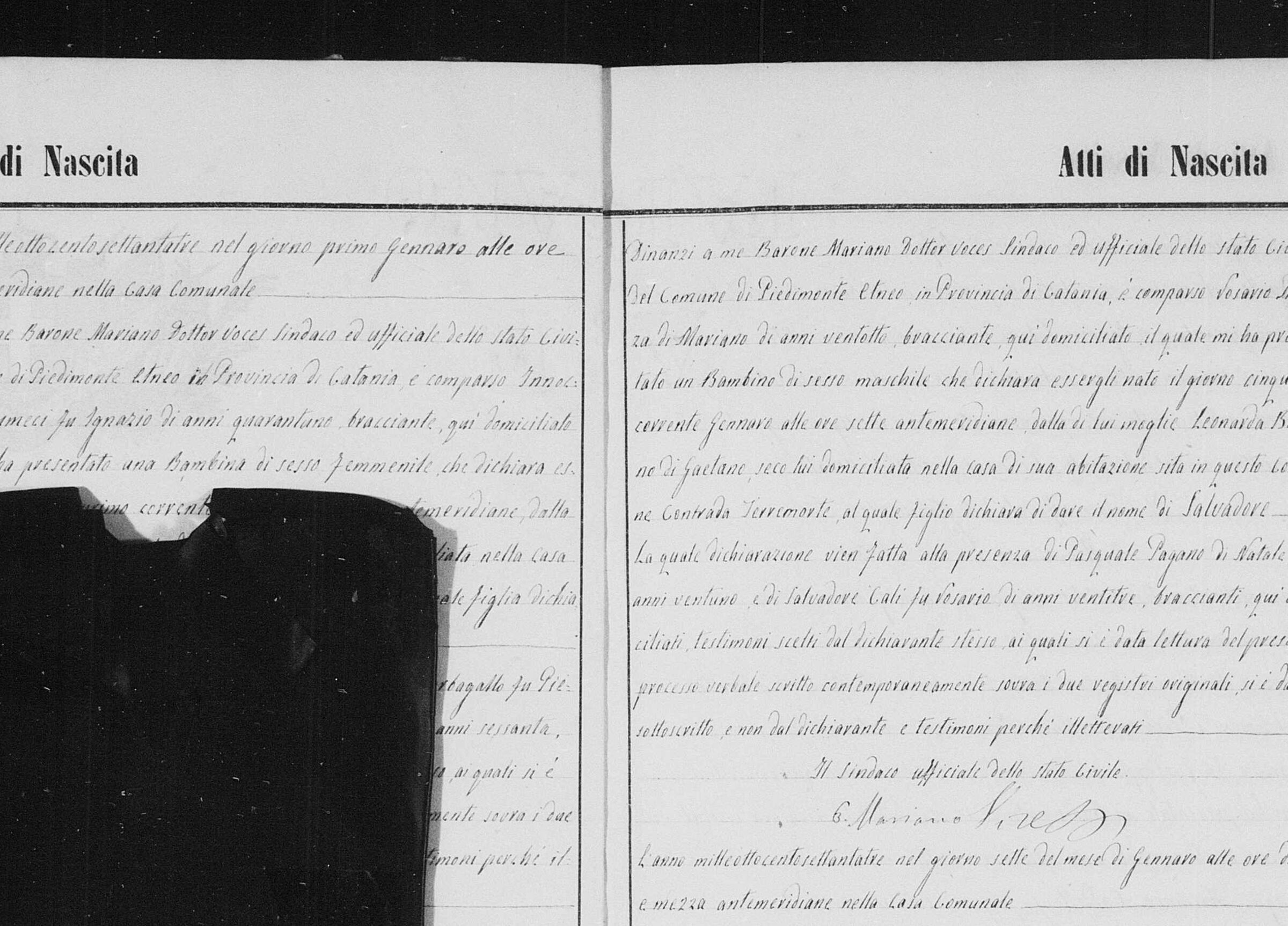 Act 3, 1873 — THE BIRTH OF SALVATORE MAZZA, 5 January 1873, Contrada Terremorte, to «Rosario Mazza di Mariano», 28, and Leonarda Bonanno di Gaetano