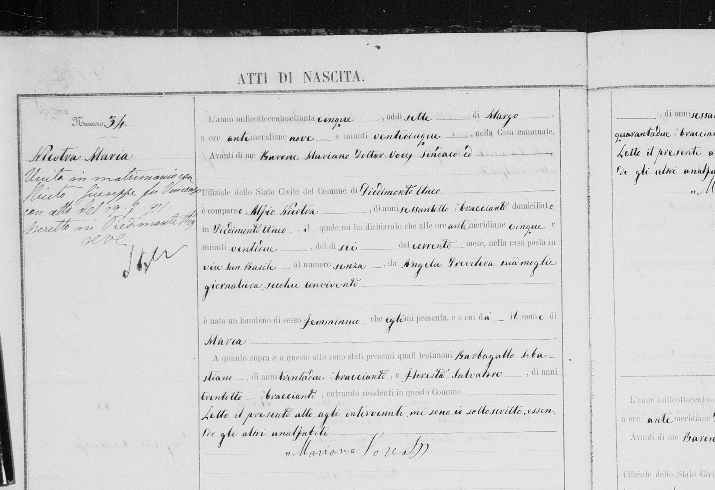 Act 34, 1875 — a Maria Nicotra of Piedimonte Etneo, daughter of Alfio Nicotra and Angela Previtera. NOT Salvatore's wife; a different woman of the same name.