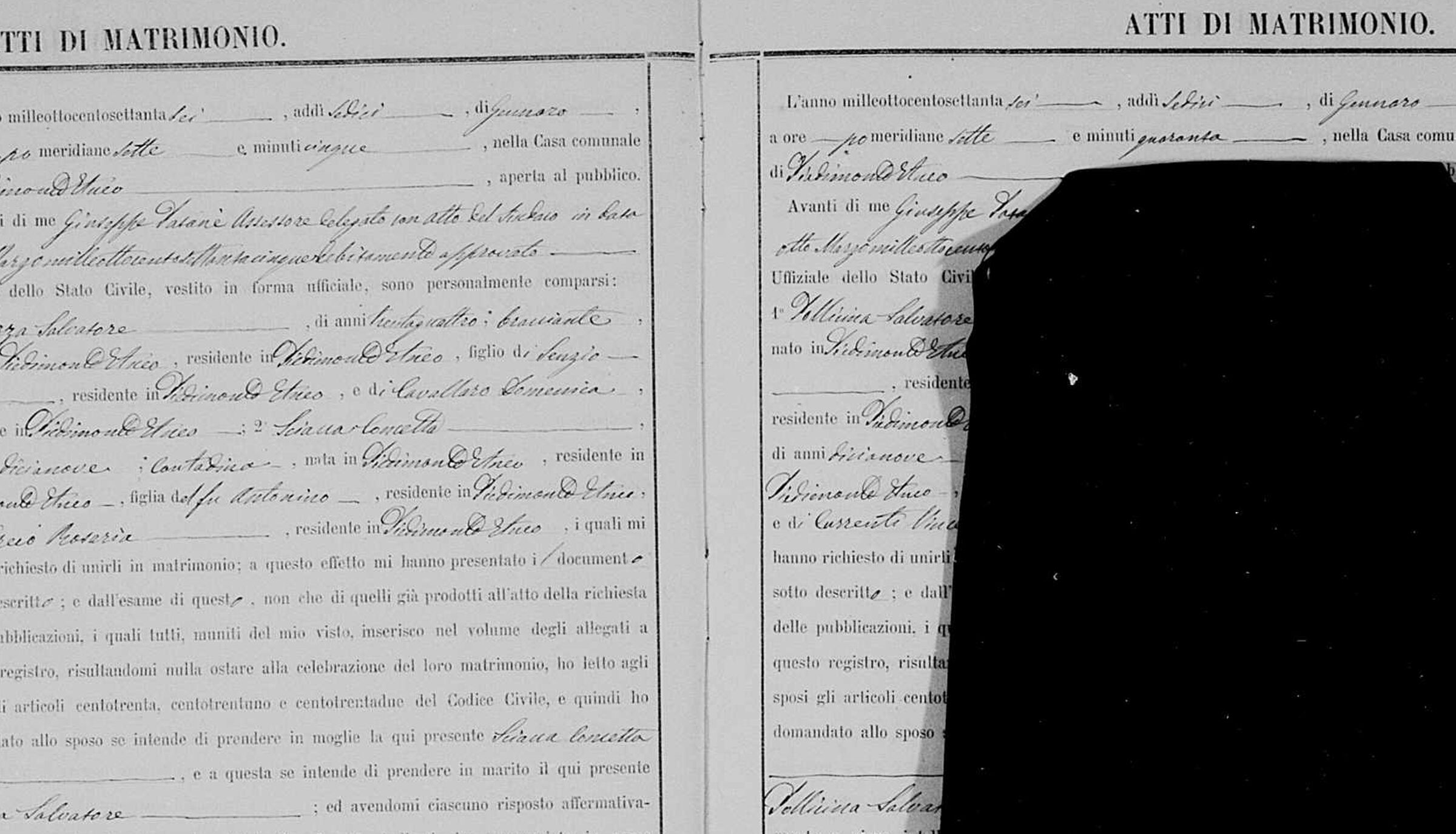 Marriage act 5, 16 January 1876 — Salvatore Mazza, son of Innocenzio and Domenica Cavallaro, marries Concetta Sciacca